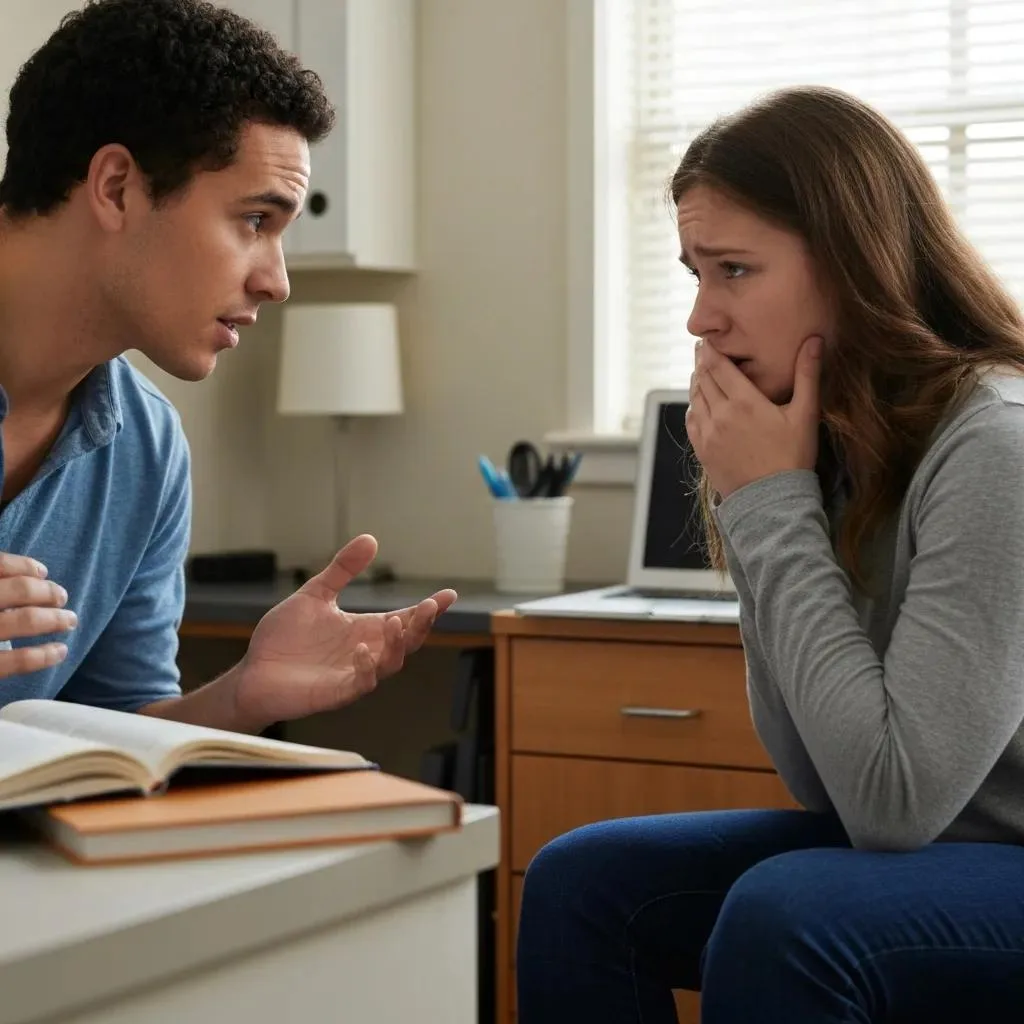 Addiction Treatment &Amp; Prevention For College Students Concerned friend supporting distressed college student in dorm room, discussing substance misuse and emotional challenges.
