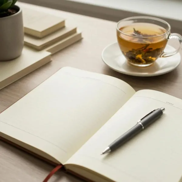 A Cozy Workspace With A Journal And Pen, Symbolizing Self-Reflection In Addiction Recovery