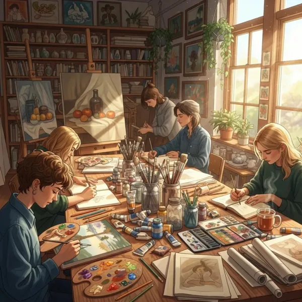 A Creative Workspace With Art Supplies, Showcasing Individuals Engaged In Painting And Journaling For Emotional Healing