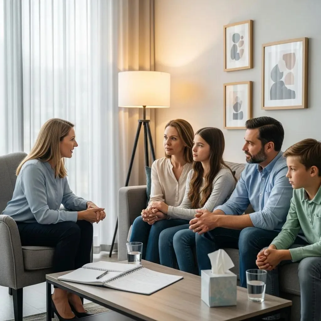 Therapist Guiding A Family Conversation, Highlighting How Family Therapy Supports Addiction Recovery