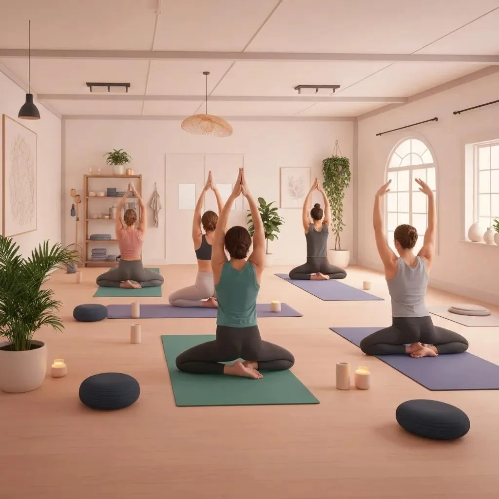 Managing Seasonal Affective Disorder In Recovery Group of individuals practicing yoga in a serene studio, promoting mindfulness and community support for managing Seasonal Affective Disorder (SAD).