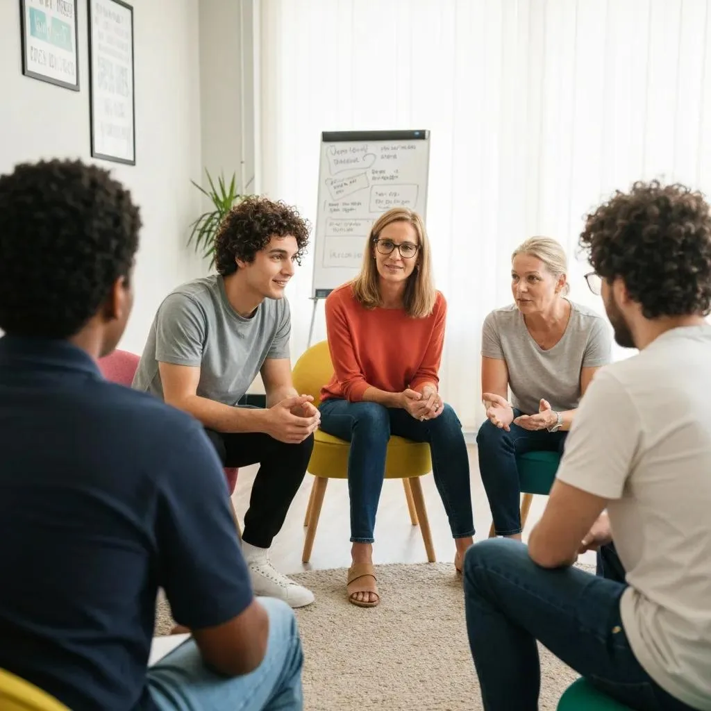 Overcoming Guilt And Shame In Addiction Recovery Group therapy session focused on managing guilt and shame in addiction recovery, featuring diverse participants engaged in discussion, with a whiteboard in the background illustrating therapeutic strategies.