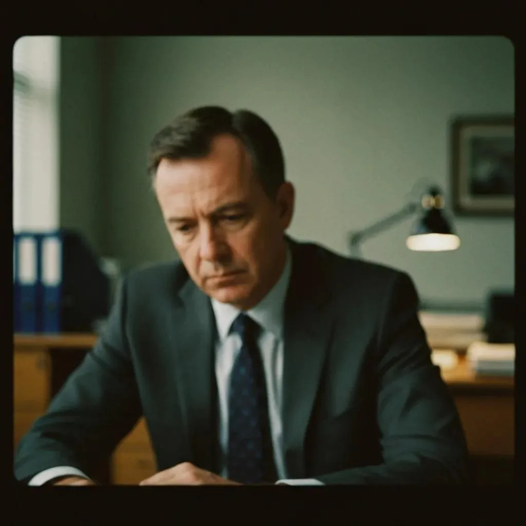 Overcoming Guilt And Shame In Addiction Recovery Man in a suit sitting at a desk, reflecting on emotions related to guilt and shame, in a dimly lit office environment, highlighting the impact of these feelings on mental health and addiction recovery.