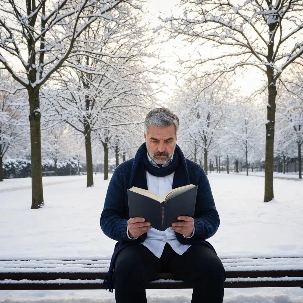 Managing Seasonal Affective Disorder In Recovery Person in winter attire reading a book on a snowy bench, reflecting on mental wellness and recovery from Seasonal Affective Disorder in a tranquil landscape.