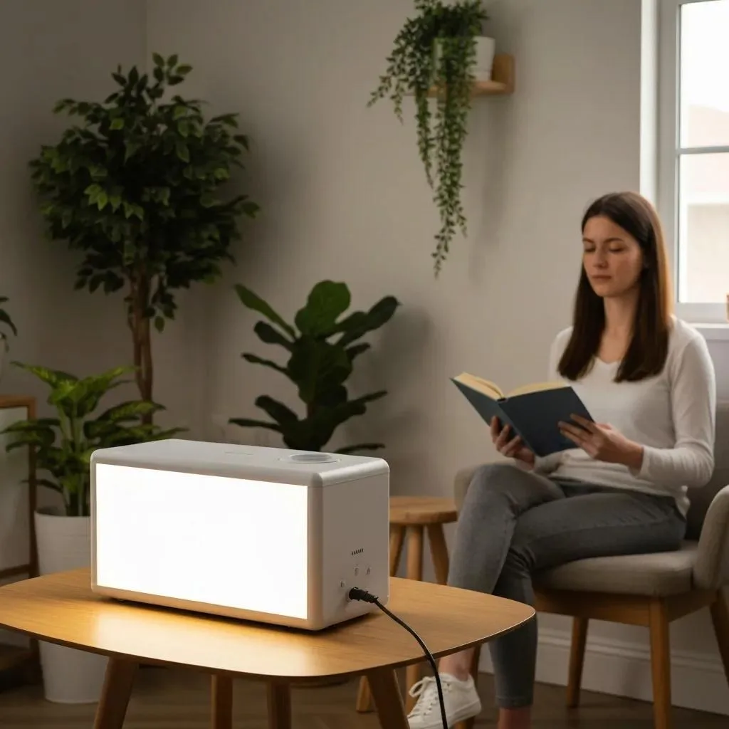 Managing Seasonal Affective Disorder In Recovery Person using a light therapy box in a cozy indoor space, promoting mental wellness and recovery from Seasonal Affective Disorder (SAD).