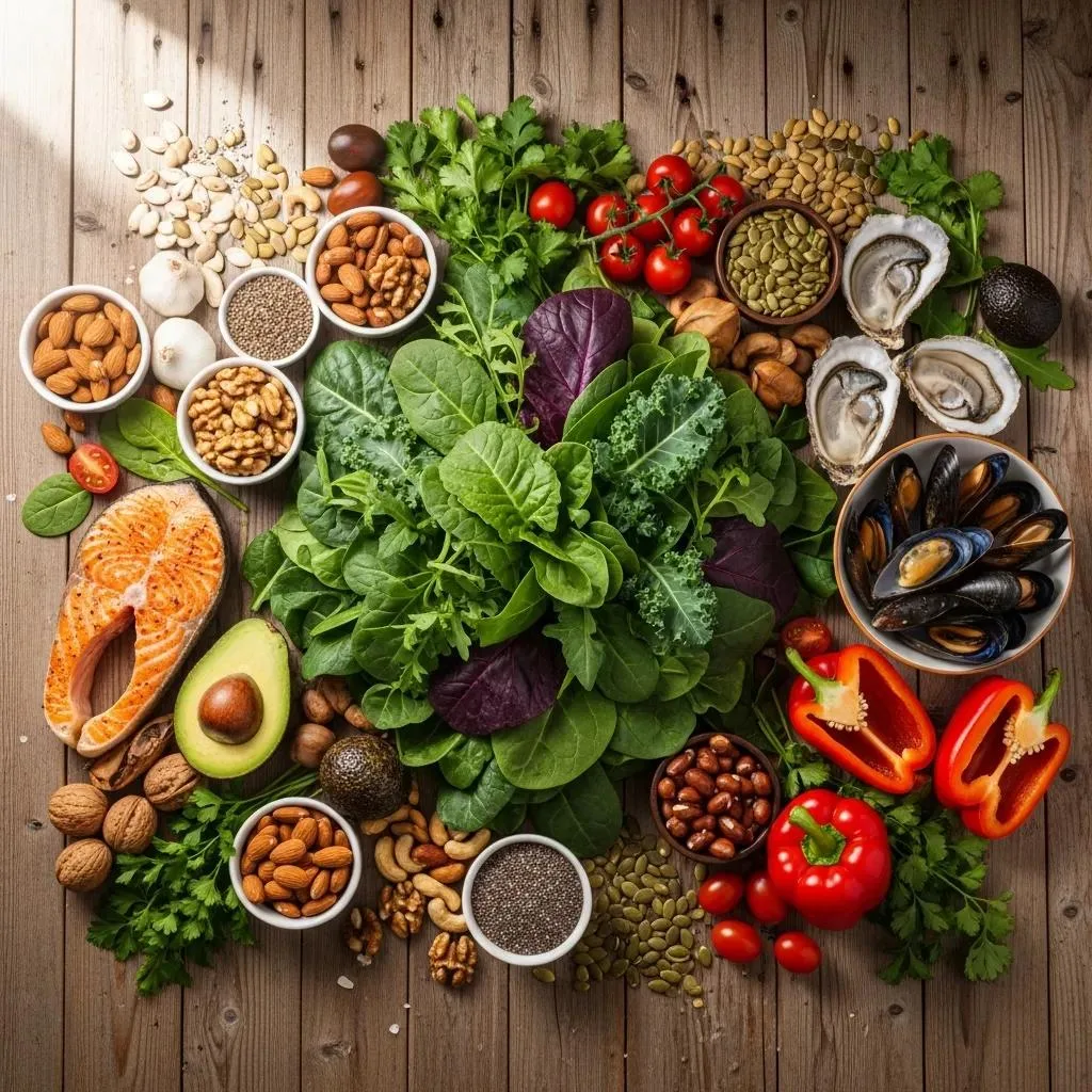 A variety of nutrient-rich foods including leafy greens, salmon, avocados, nuts, seeds, and red bell peppers, arranged on a wooden surface, emphasizing the importance of nutrition in substance use recovery.