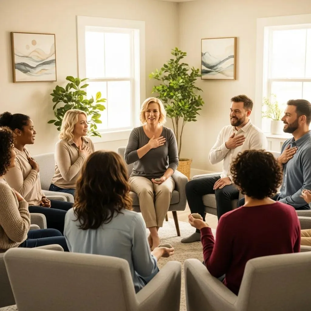 Supportive Group Practicing Self-Compassion Exercises, Highlighting Community Benefits In Recovery