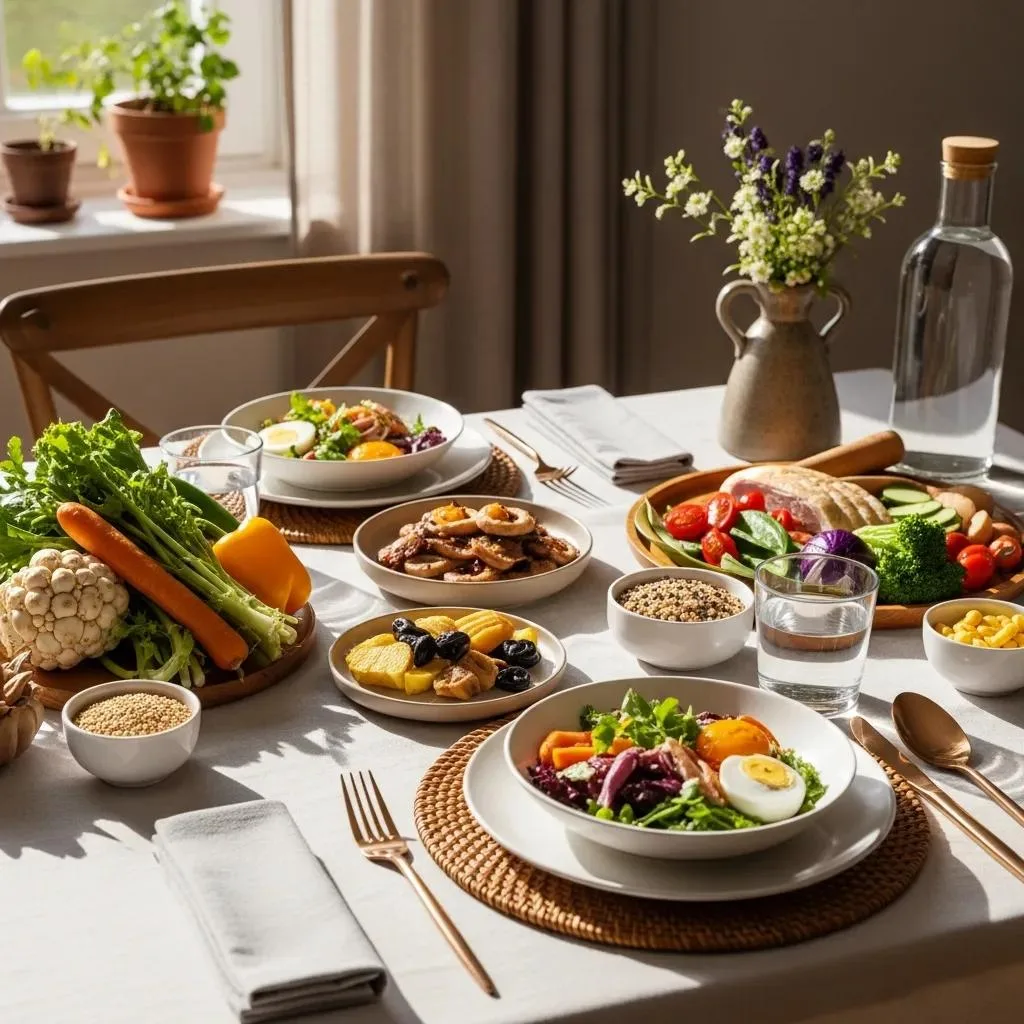 Vibrant dining table set with nutrient-dense foods, including fresh vegetables, gourmet meals, and salads, promoting mindful eating and wellness in addiction recovery.