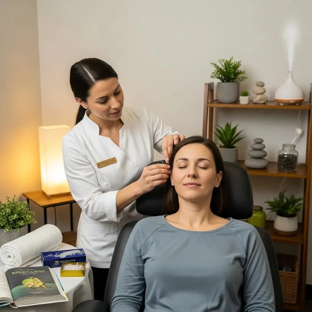 Acupuncturist Placing Ear Needles As Part Of Addiction Support