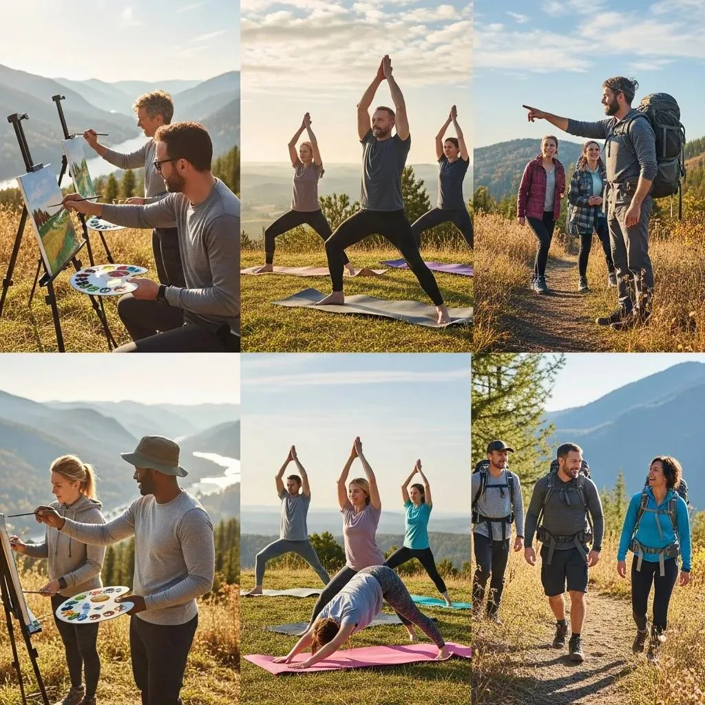 New Hobbies For Recovery: Finding Joy In Sobriety Adults engaging in joyful sober activities like painting, yoga, and hiking in a scenic outdoor setting, promoting recovery and community through creative and physical hobbies.