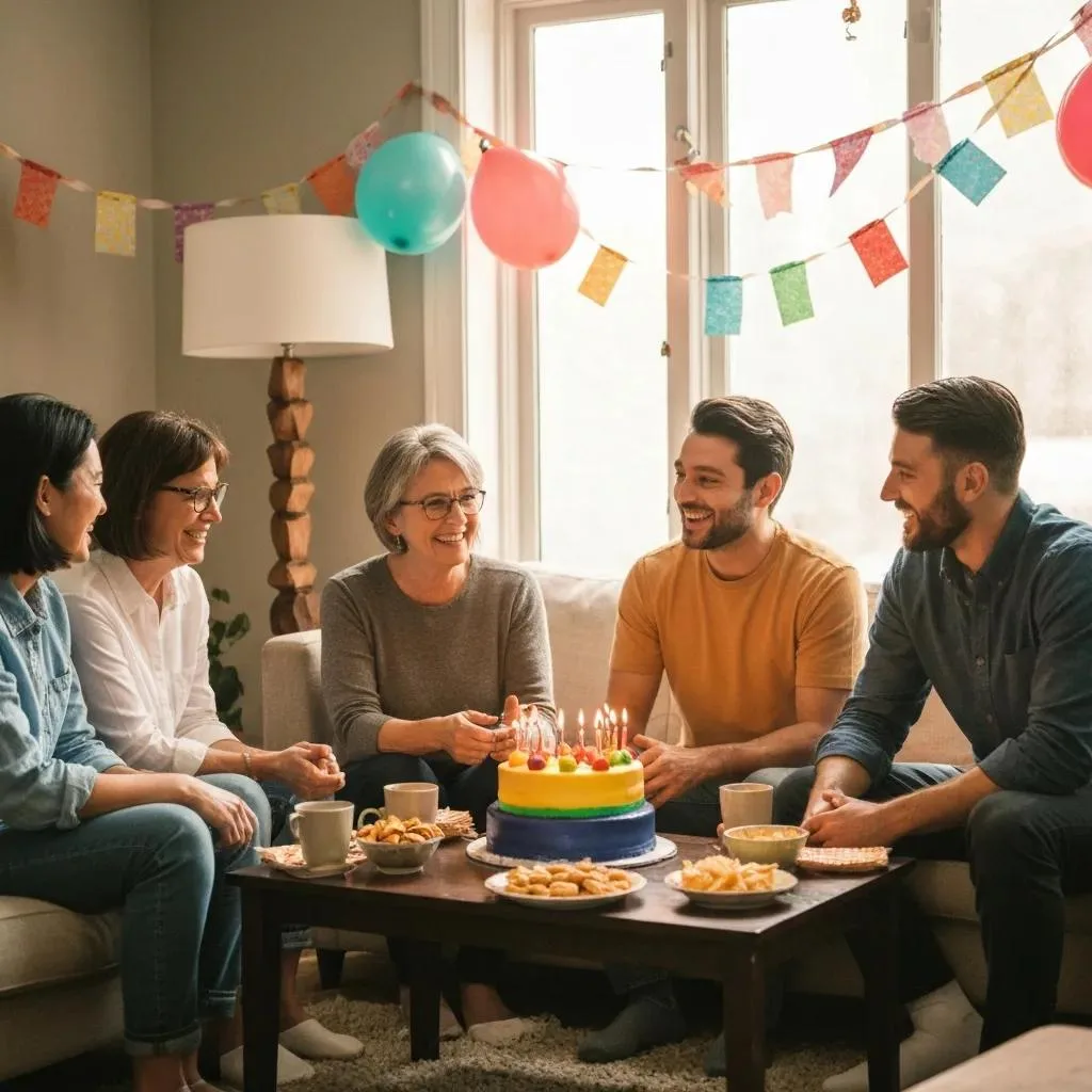 Group of five people celebrating a sobriety anniversary with a colorful cake, joyful expressions, and snacks, symbolizing community support and milestone recognition in recovery.