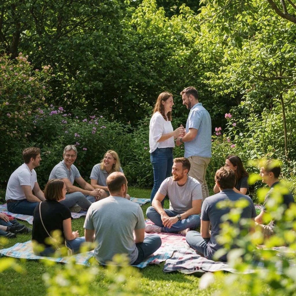 Alumni participating in a peer support meeting outdoors, fostering community connection and emotional support in recovery.