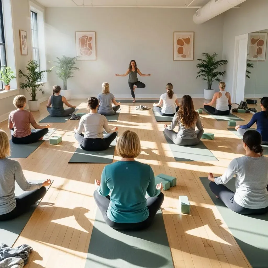 Betterchoice Alumni Program Las Vegas Alumni participating in a wellness workshop, practicing yoga in a serene studio environment, promoting recovery and mindfulness.