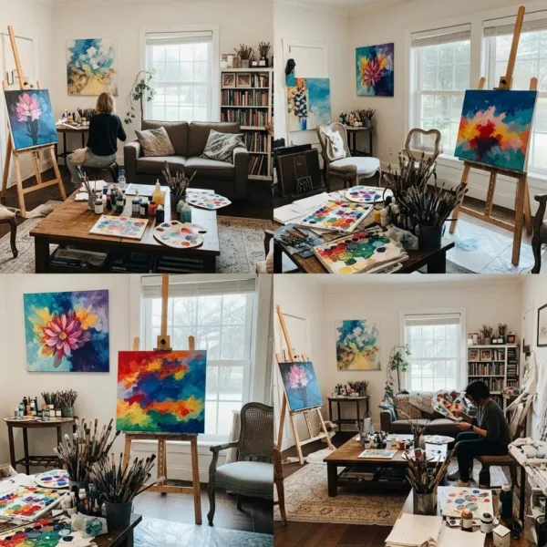 Blogs Art Therapy Studio With Vibrant Art Supplies And A Person Painting, Symbolizing Healing Through Creative Expression In Addiction Recovery.
