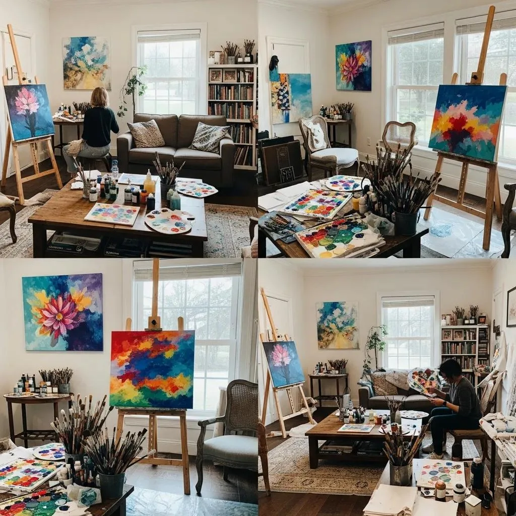 Art Therapy In Addiction Recovery Las Vegas Art therapy studio in Las Vegas featuring vibrant art supplies, a person painting, and colorful artworks, symbolizing healing through creative expression in addiction recovery.