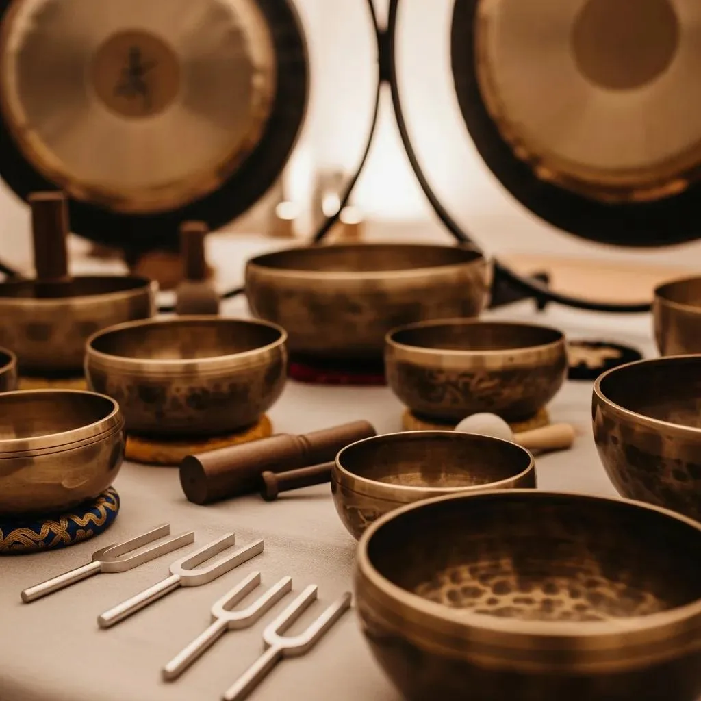 Sound Bath Therapy For Addiction Recovery Las Vegas Tibetan Singing Bowls And A Gong Set Up For A Clinical Sound Session