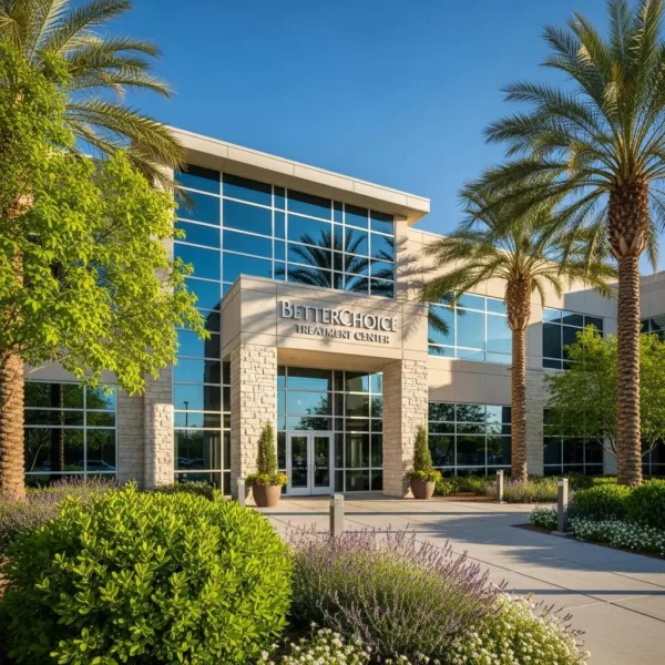 Blogs BetterChoice Treatment Center building in Las Vegas, showcasing a welcoming environment with palm trees and landscaped greenery, emphasizing addiction recovery services.