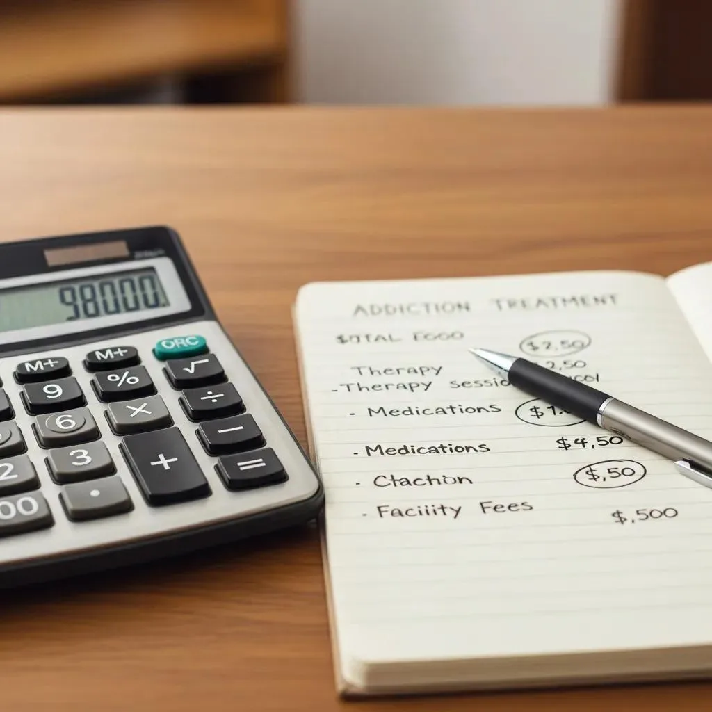 Calculator And Notepad Used To Plan Addiction Treatment Costs And Budgeting