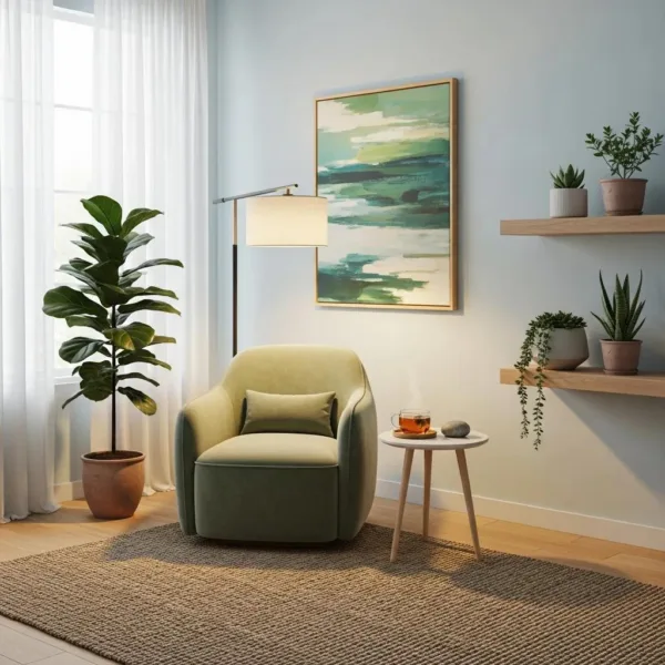 Blogs Calm treatment room featuring a green armchair, potted plants, and decorative wall art, emphasizing safety and tranquility for addiction recovery in Las Vegas.