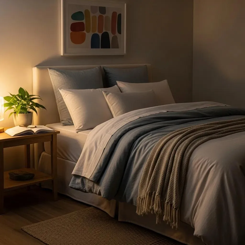 Sleep Hygiene For Addiction Recovery &Amp; Wellness Calming bedroom environment with soft bedding, decorative pillows, and a bedside plant, promoting sleep hygiene for addiction recovery and wellness.