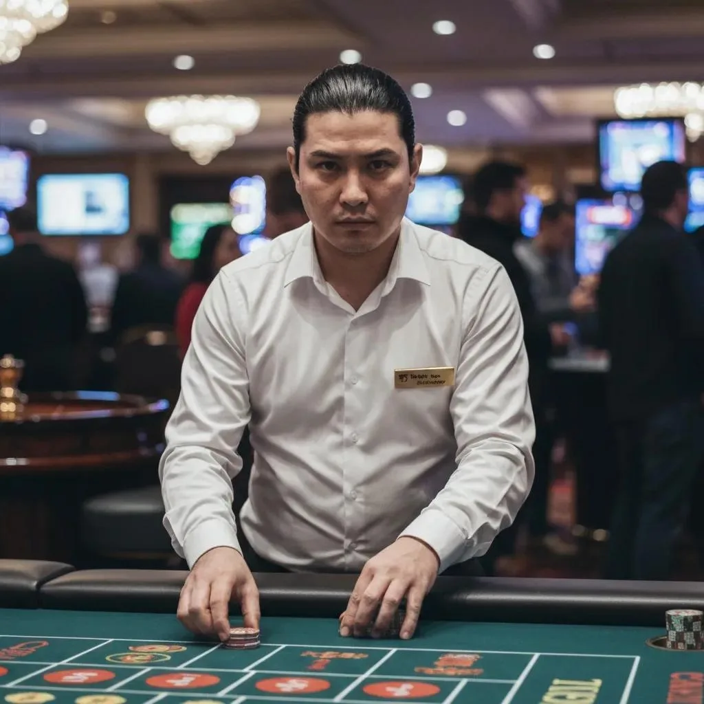 Casino Worker Addiction Treatment In Las Vegas, Nv Casino worker in a busy gaming environment, focused on table with chips, illustrating stress and workplace addiction risks for Las Vegas hospitality staff.