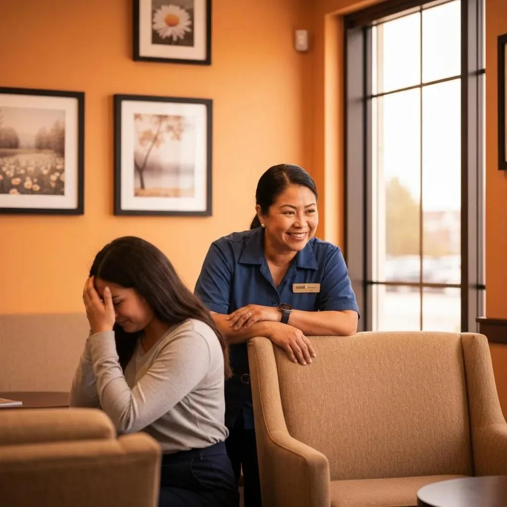 Casino Worker Addiction Treatment In Las Vegas, Nv Casino worker providing emotional support in therapy session, focusing on recovery and addiction treatment in Las Vegas.