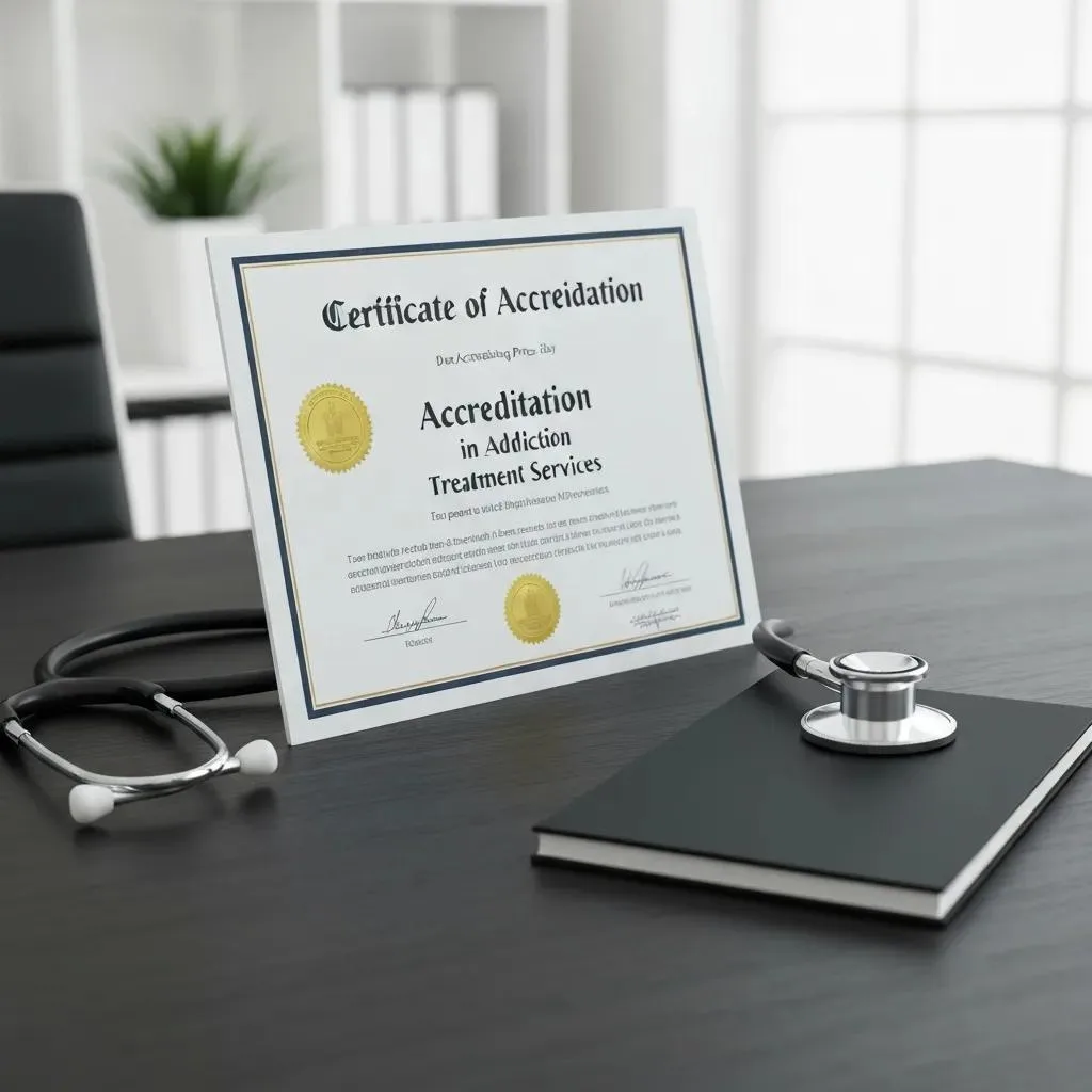 Certificate of Accreditation for Addiction Treatment Services on a desk with a stethoscope, emphasizing the importance of accreditation in addiction care.