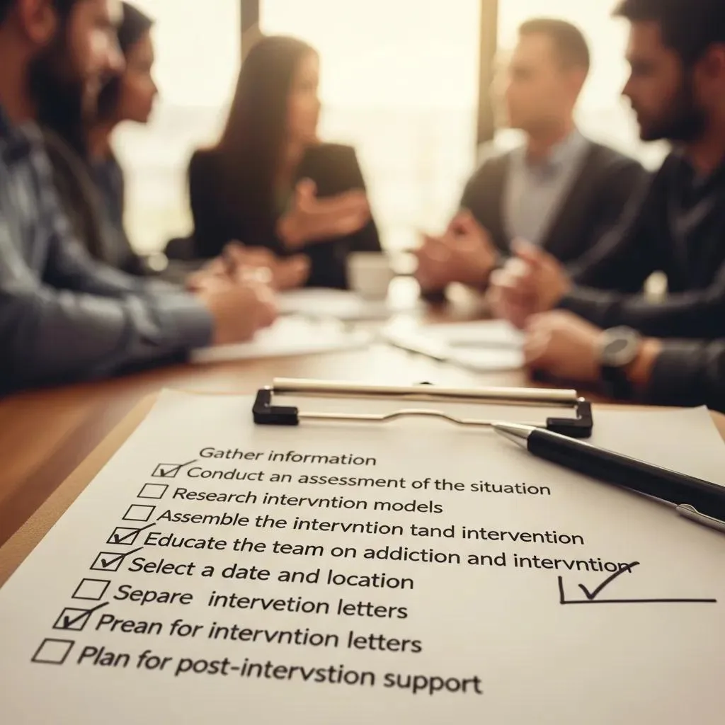 Addiction Intervention Services In Las Vegas, Nv Planning Checklist Laid Out While Family Members Discuss Steps For An Intervention