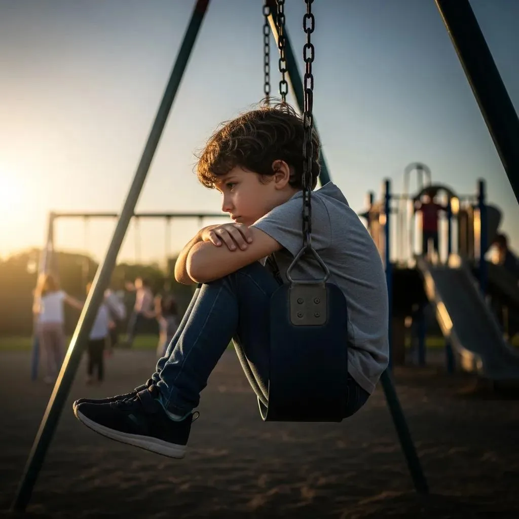 Talking To Kids About Addiction: A Parent'S Guide Child sitting alone on a swing, reflecting feelings of confusion and sadness, amidst a playground setting, symbolizing emotional distress in children of parents with addiction.