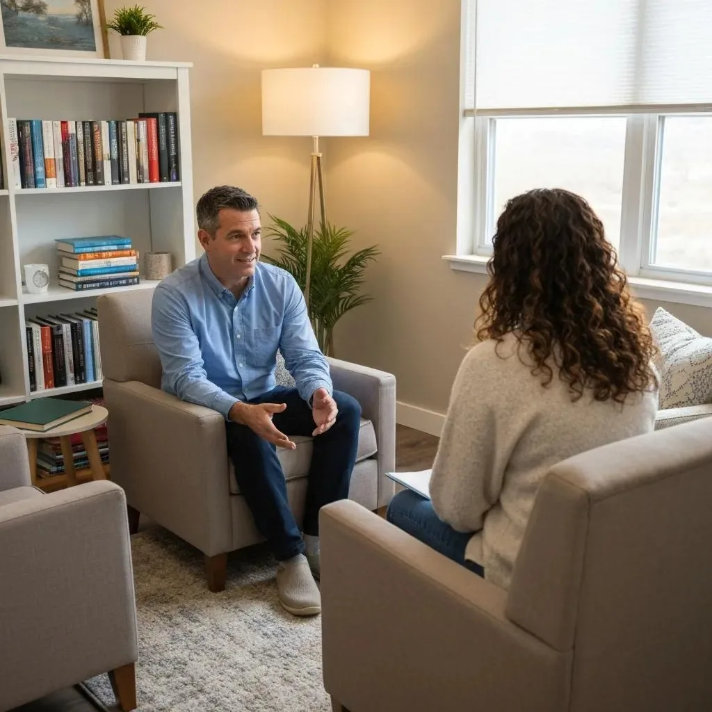 Man and woman engaged in an outpatient therapy session, discussing recovery strategies in a comfortable office setting with bookshelves and natural light.