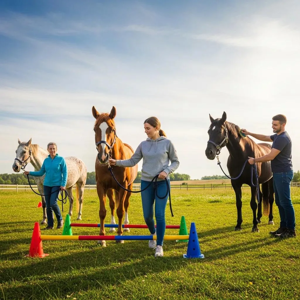 Clients Leading Horses Through An Obstacle Course Outdoors During An Equine Therapy Session
