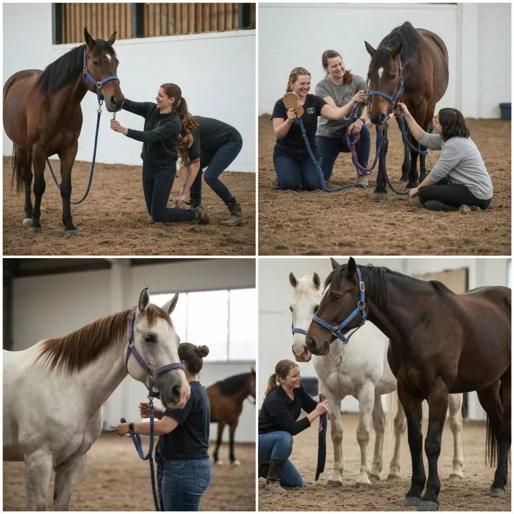 Equine-Assisted Therapy For Addiction Recovery Equine-assisted therapy session with participants engaging in grooming and groundwork activities with horses in a supportive environment, emphasizing trauma recovery and mental health support.