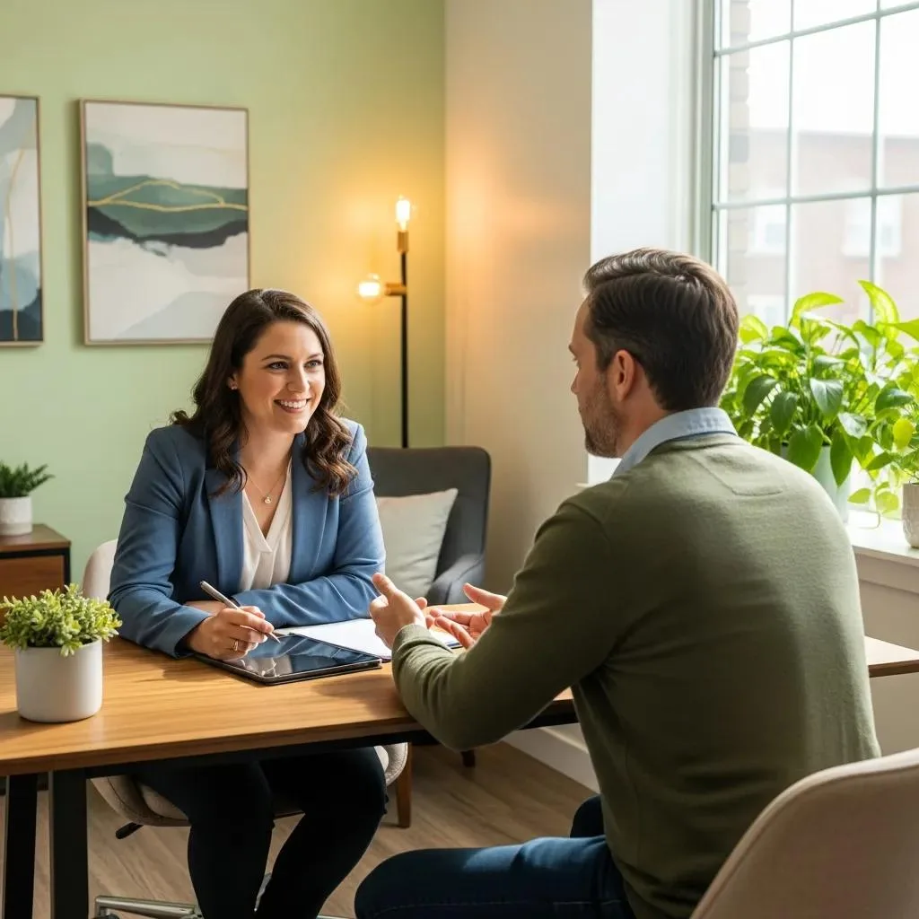 What To Expect During Addiction Rehab Clinician conducting an intake assessment with a patient in a supportive office environment, emphasizing personalized care in addiction rehabilitation.