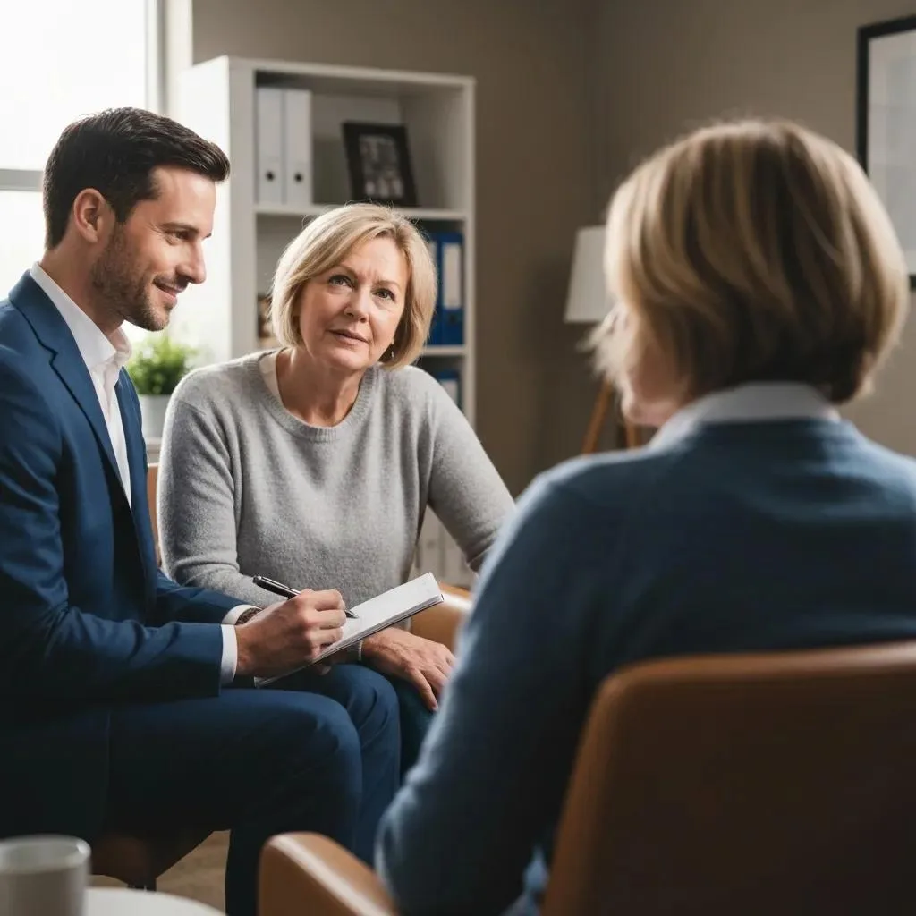 Clinician conducting an intake interview with a patient in a supportive environment, focusing on assessment for addiction treatment.