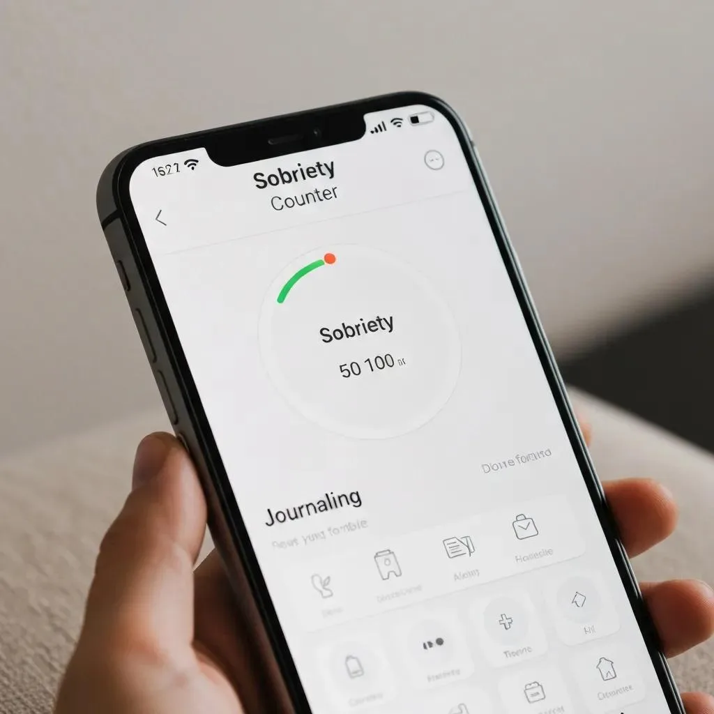 Top Recovery Apps For Addiction Support Smartphone displaying a sobriety counter feature from an addiction recovery app, highlighting tracking capabilities and journaling options.