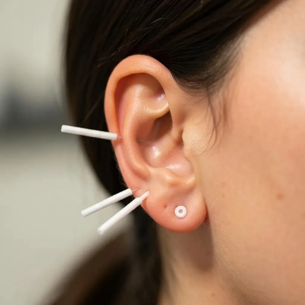 Acupuncture: Natural Support For Addiction Withdrawal &Amp; Cravings Ear acupuncture needles positioned on specific points, illustrating the NADA protocol for addiction treatment and withdrawal symptom management.