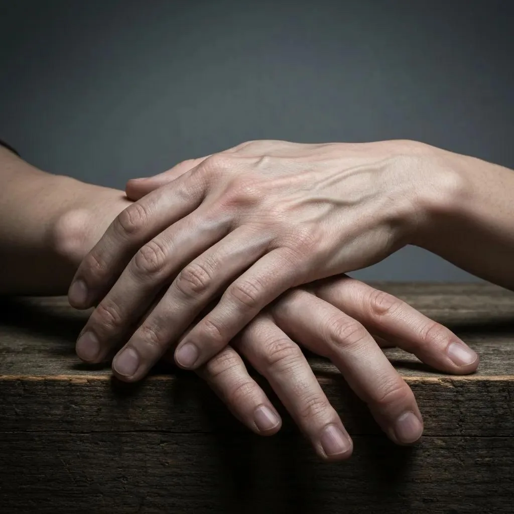 Close-up of hands showing tremors and signs of neglect, illustrating physical symptoms associated with substance abuse and addiction.