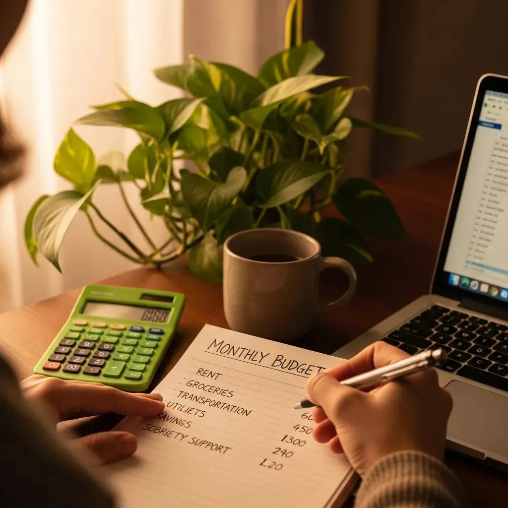 Hands Writing A Simple Budget Beside A Calculator And Laptop — Budgeting As A Tool To Support Sobriety