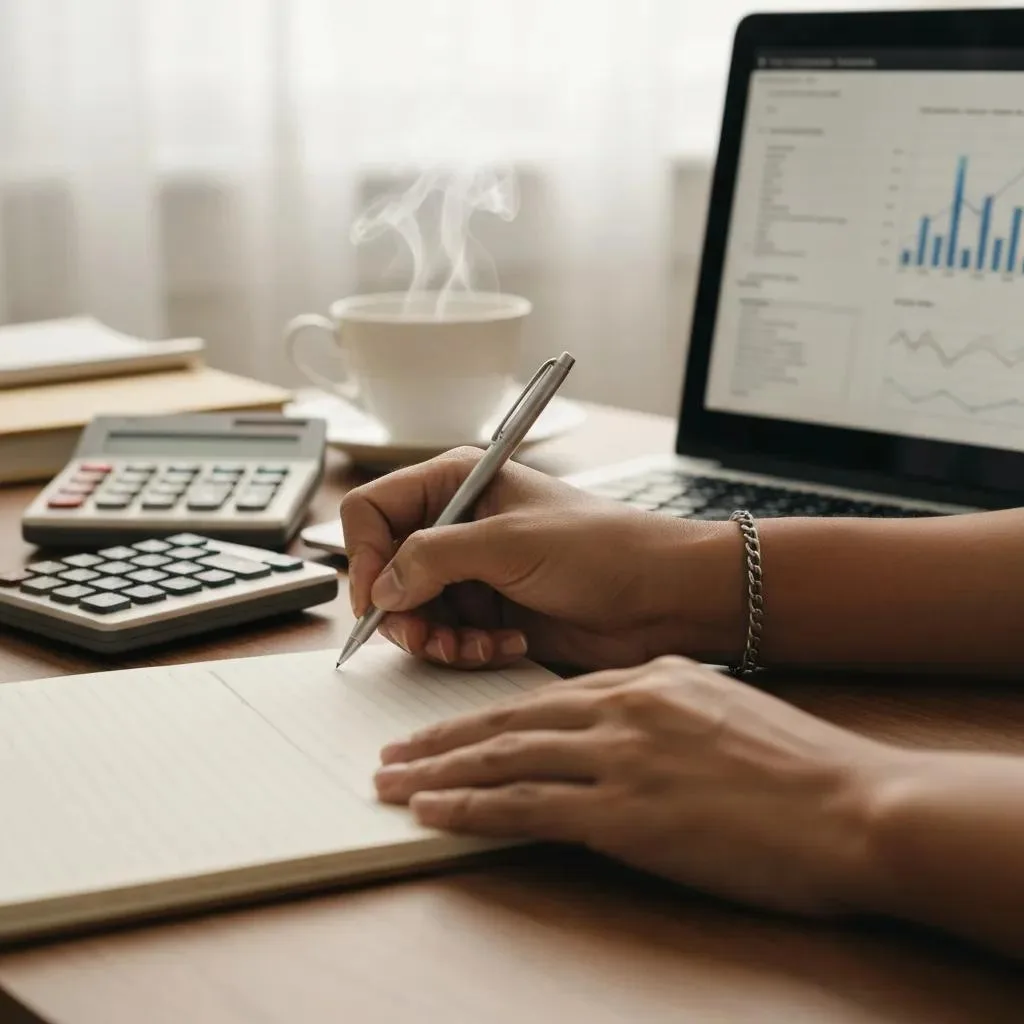 Debt Management Strategies In Addiction Recovery Close-up of hands writing a financial inventory checklist with a calculator and laptop displaying financial graphs, symbolizing debt management in addiction recovery.