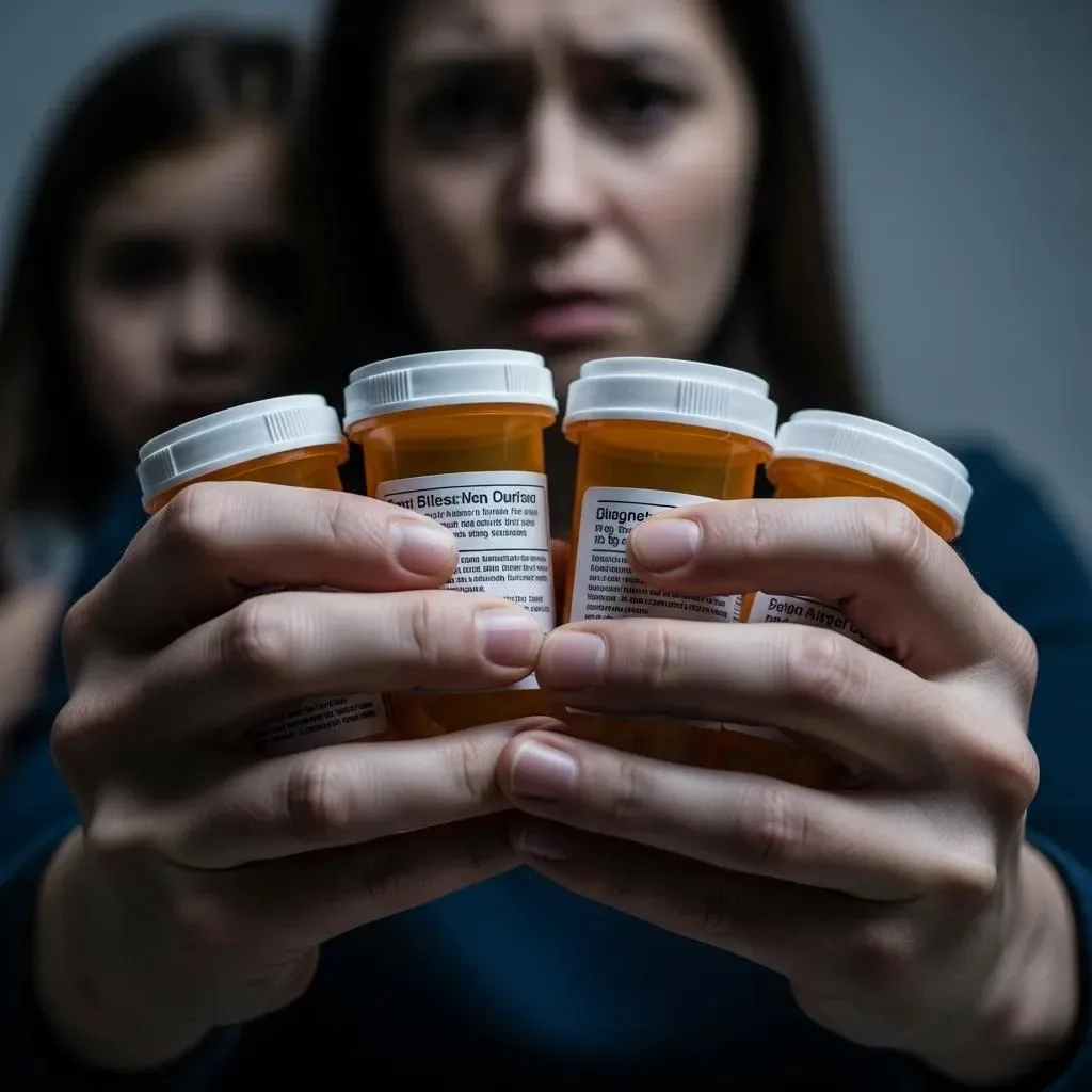Woman holding multiple prescription bottles, conveying concern about opioid use, with a child in the background, highlighting the impact of opioid use disorder on families.