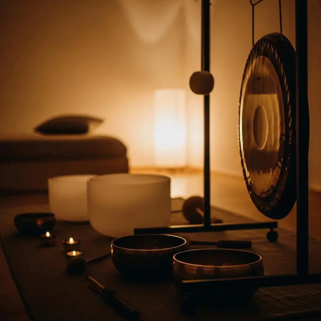 Close-Up Of Gongs And Singing Bowls Staged In A Calm Therapy Room