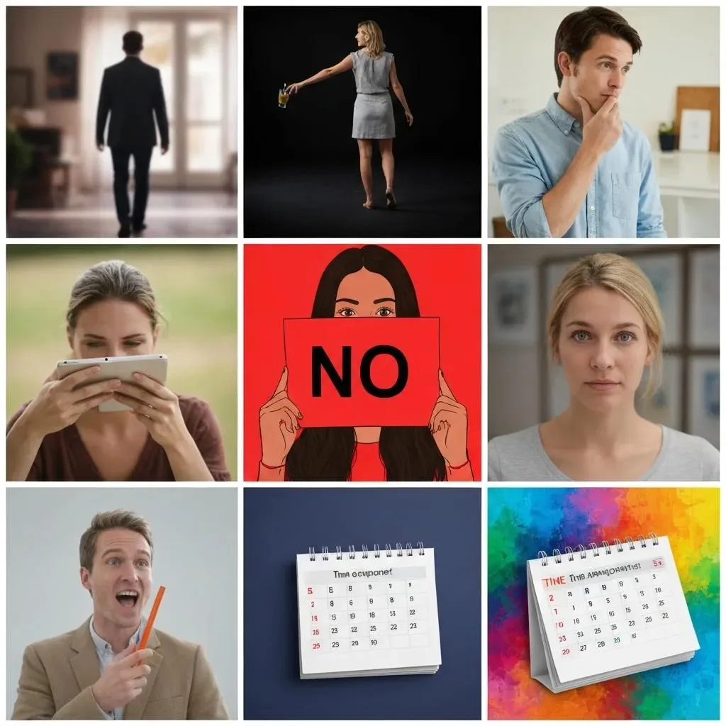 Collage illustrating various boundary-setting actions in addiction recovery, featuring a person walking away, a woman discarding a drink, a man contemplating, a woman showing a "NO" sign, a man speaking assertively, and calendars symbolizing time boundaries.