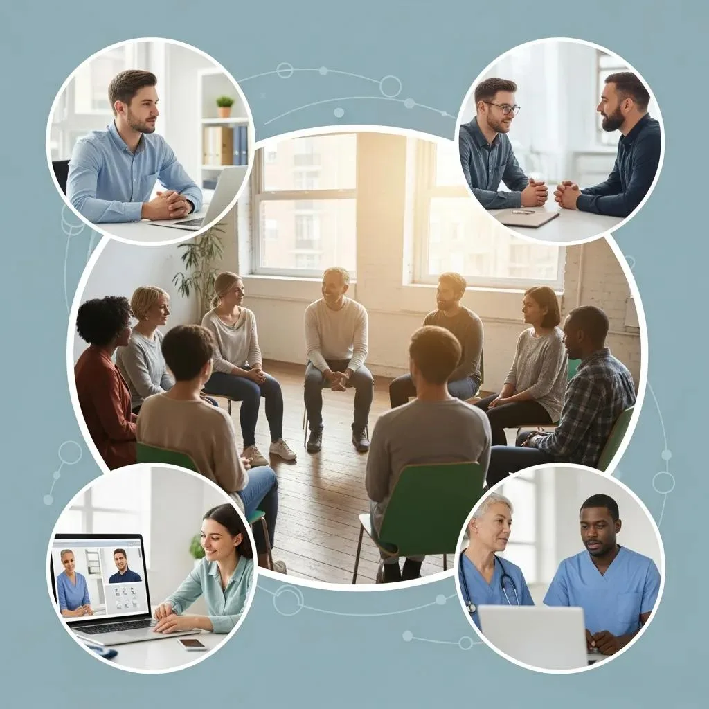 Collage of mental health treatment options, including group therapy sessions, telehealth consultations, and supportive interactions among individuals, emphasizing community and professional support in Las Vegas mental health services.