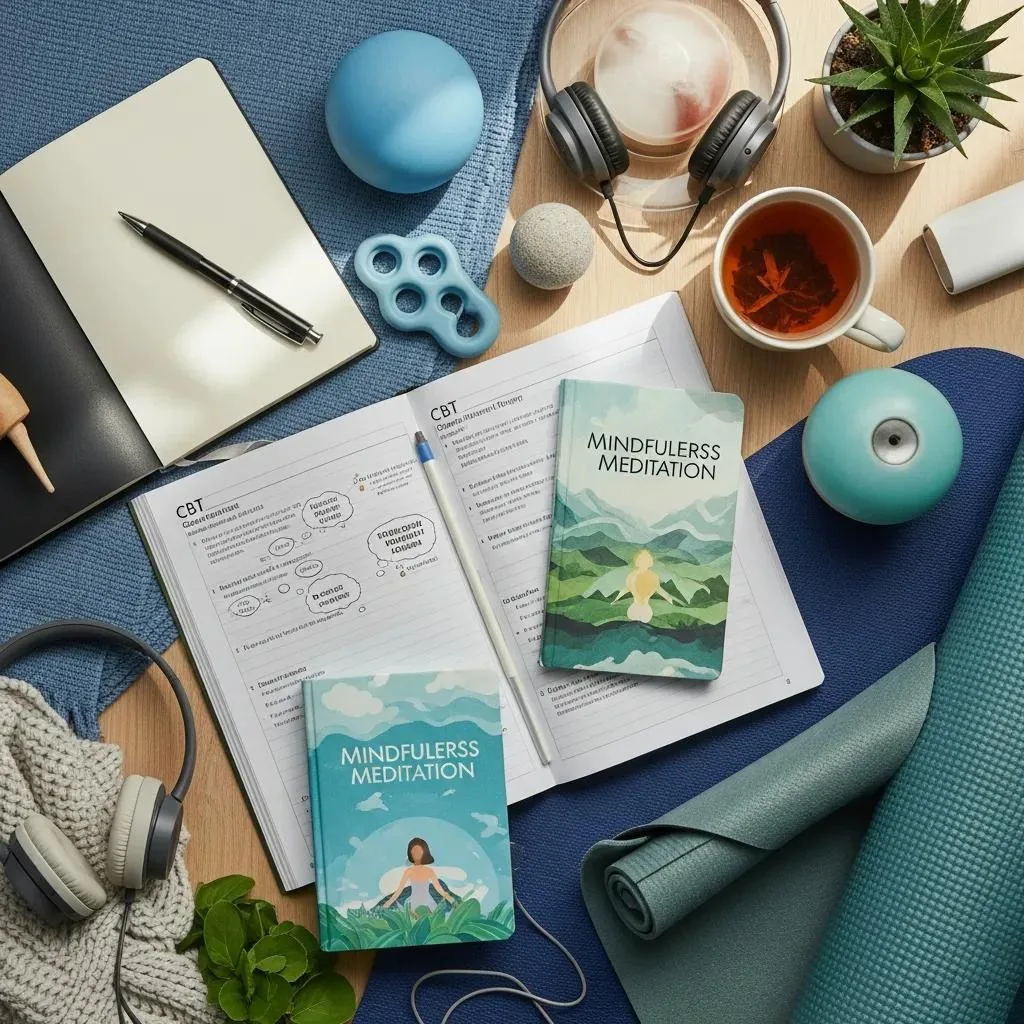 Trauma-Informed Care In Addiction Treatment Therapeutic tools for trauma recovery in addiction treatment, featuring mindfulness meditation books, CBT notes, a yoga mat, headphones, and relaxation aids, emphasizing holistic approaches to emotional regulation and resilience.