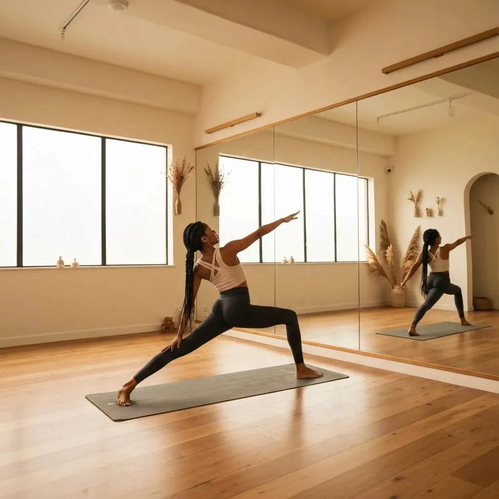 Yoga For Recovery: Mind-Body Connection In Addiction Treatment Woman practicing yoga in a serene studio, demonstrating a warrior pose, emphasizing relaxation and emotional stability, with natural light and calming decor supporting addiction recovery benefits.