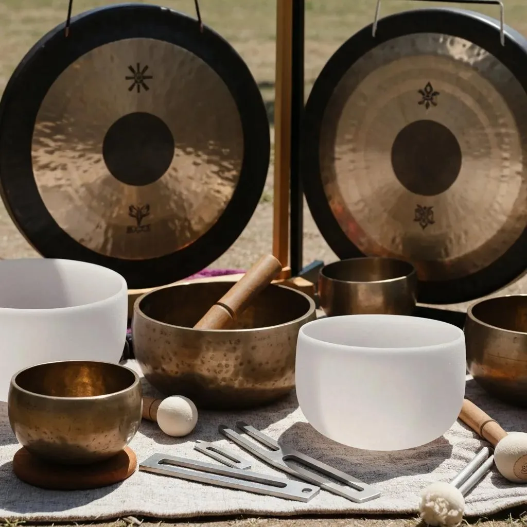Sound Bath Therapy: Relaxation &Amp; Healing In Addiction Recovery Collection of sound bath instruments including gongs, metal and crystal singing bowls, tuning forks, and mallets arranged on a surface, illustrating tools used in sound therapy for relaxation and emotional healing.