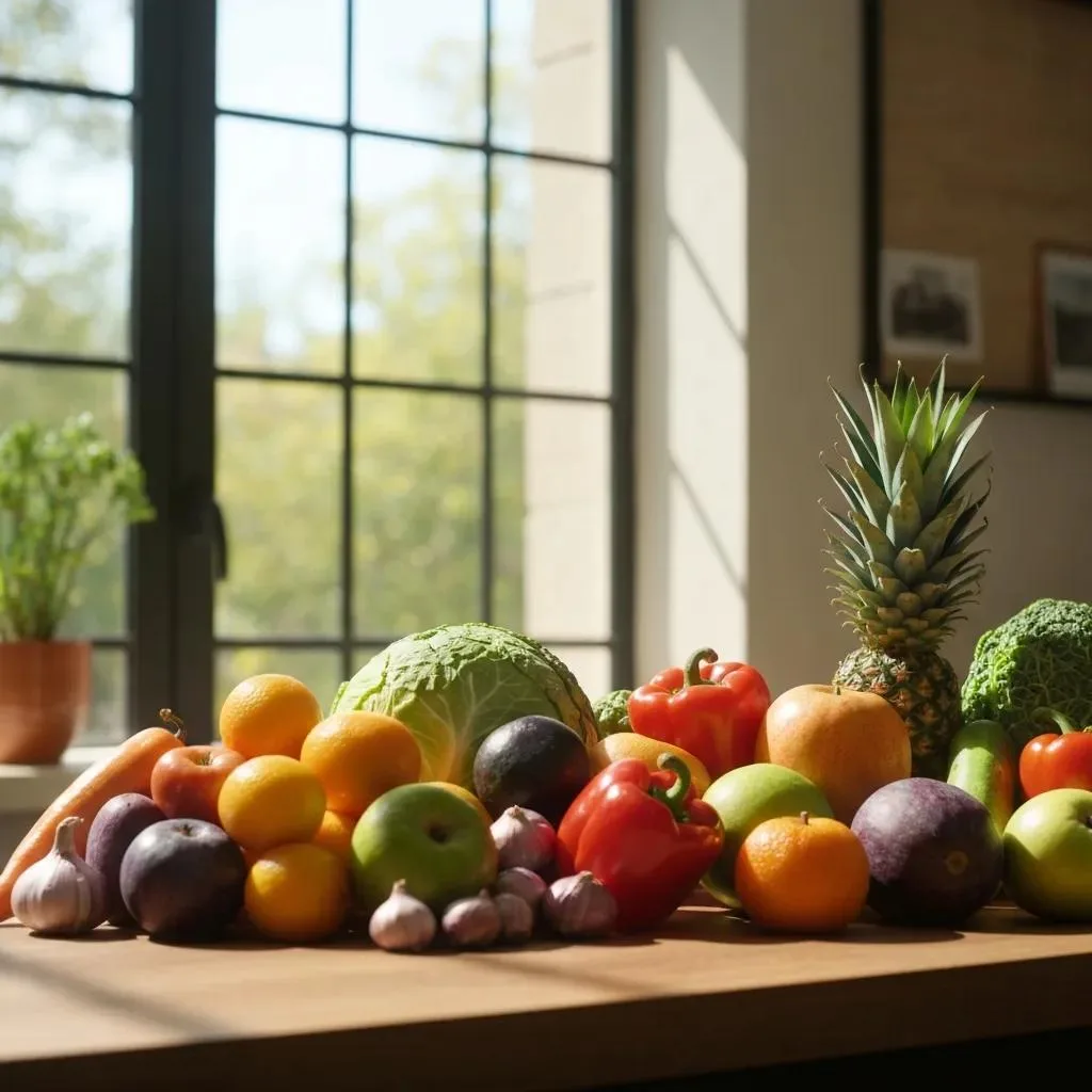Mindful Eating Practices For Addiction Recovery Colorful array of nutritious fruits and vegetables, including peppers, apples, oranges, and leafy greens, symbolizing the role of nutrition in addiction recovery and emotional well-being.