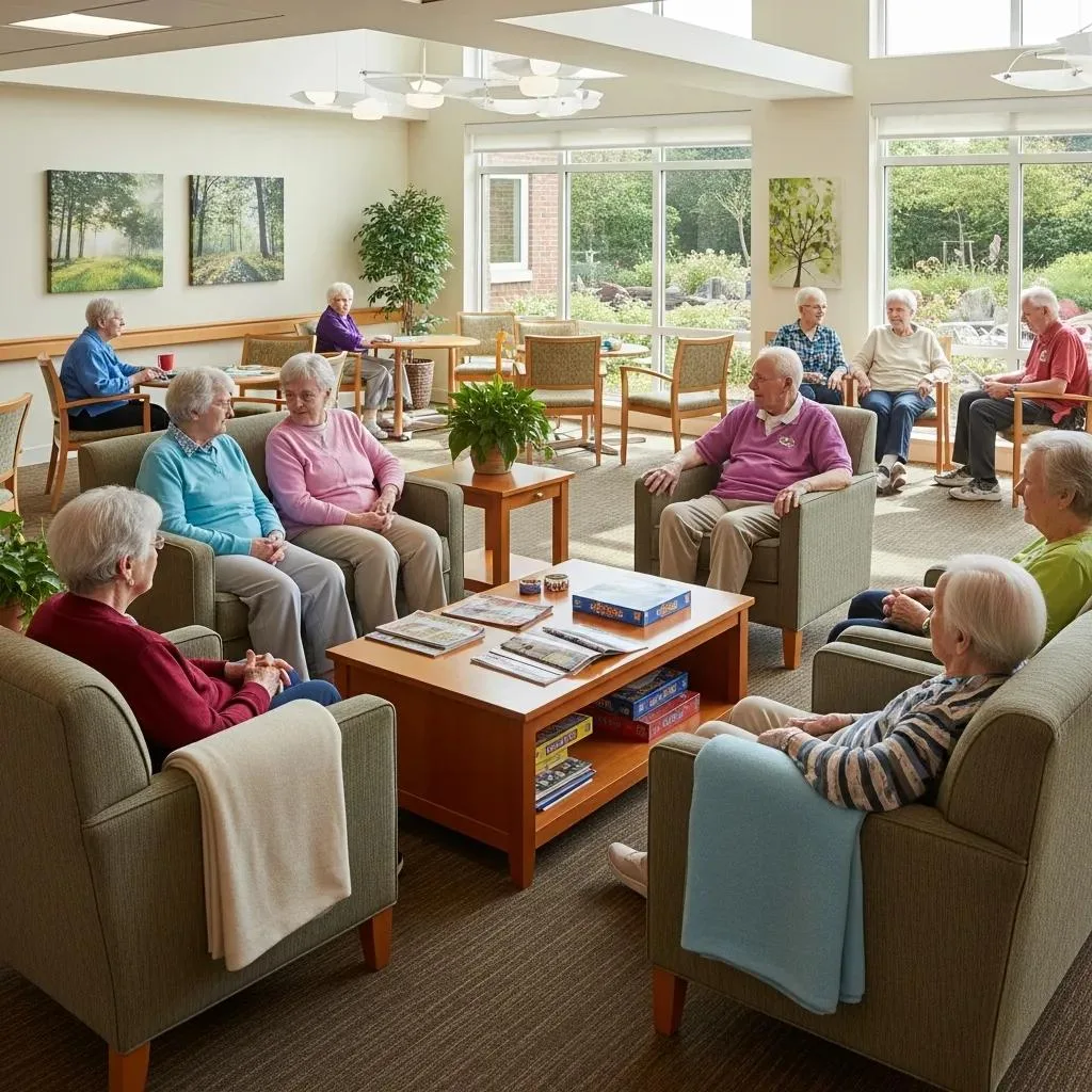 Meth Addiction Rehab Programs In Las Vegas, Nv Comfortable common area in an inpatient rehab facility for meth addiction recovery, featuring elderly individuals engaged in conversation and relaxation, with natural light from large windows and plants enhancing the supportive environment.