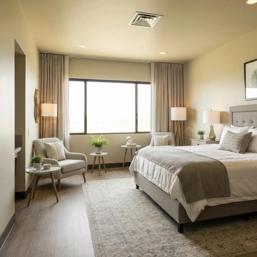 Comfortable inpatient detox room at BetterChoice Treatment Center in Las Vegas, featuring a spacious bed, seating area, and calming decor for a supportive recovery environment.