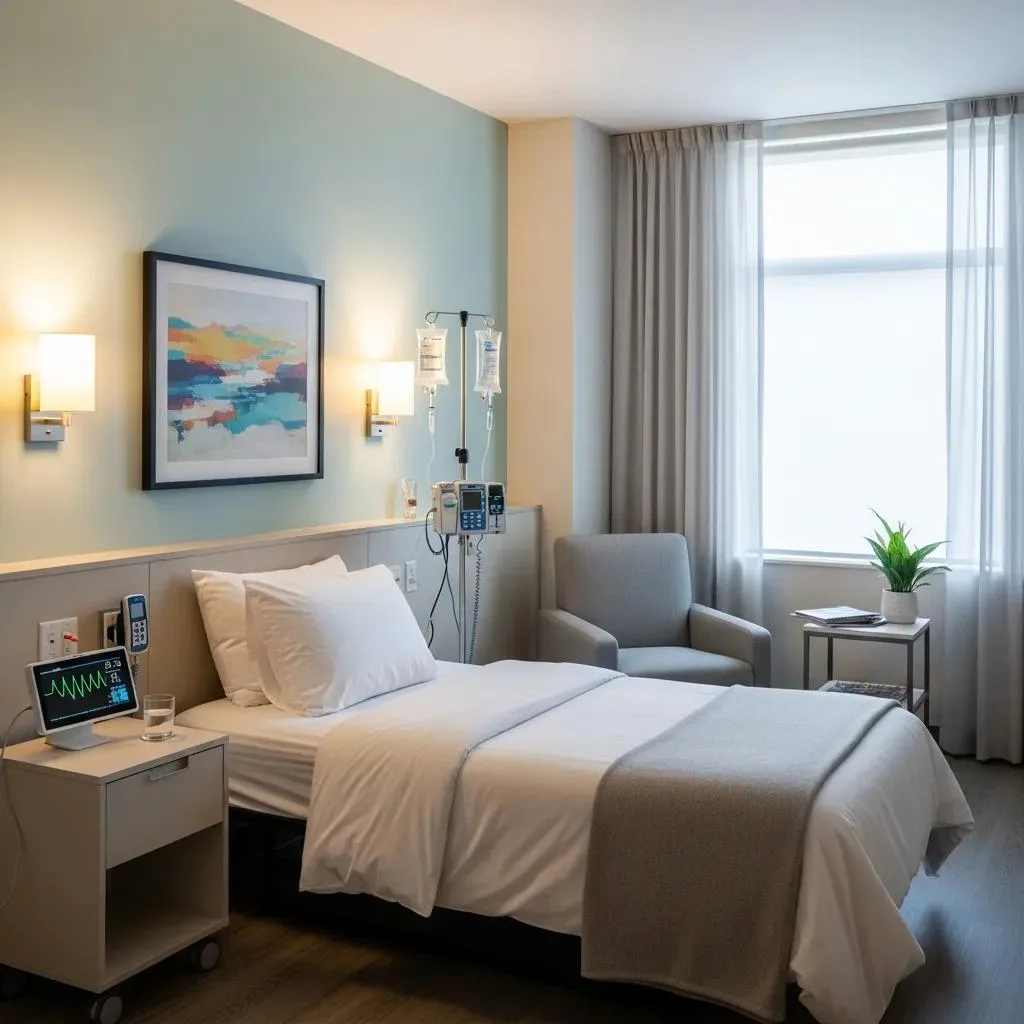 Premier Addiction Treatment Center In Las Vegas, Nevada Comfortable medical detox room with a bed, IV stands, and monitoring equipment, designed for safe substance withdrawal in a calming atmosphere.